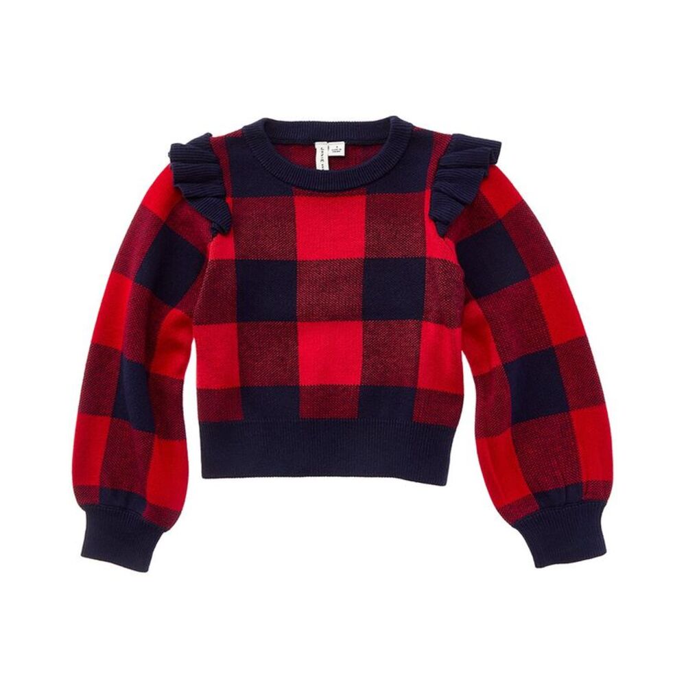 Janie And Jack Girls Plaid Ruffle Shoulder Sweater, Red